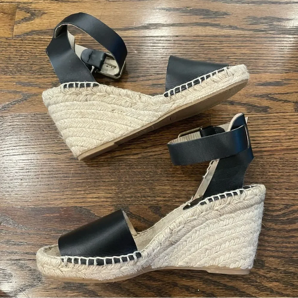 SOLUDOS Black Leather Espadrille Wedge Sandals